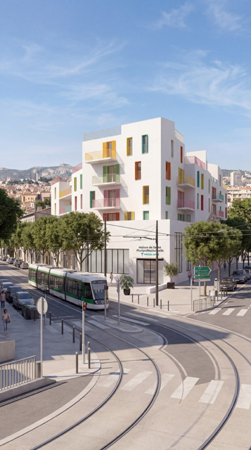 Vue extérieure de la MSP avec le tramway T3